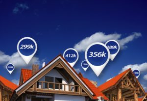 a home with various price bubble diagrams outside 