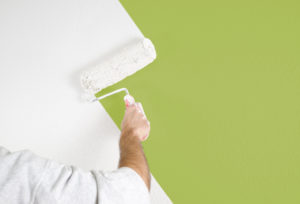 commercial painter painting a white wall green with a roller