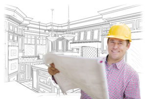 a general contractor holding a floor plan with an outline of a home behind him